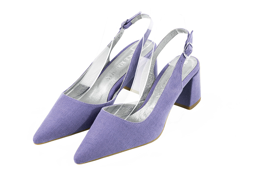 , coloris violet lavande. Bout pointu. Mi-haut à haut. Talon évasé. Cérémonie, soirée, cocktail, évènementiel. Personnalisation : Choix des cuirs, 
                des couleurs et des talons. Petites et grandes pointures. - Florence KOOIJMAN